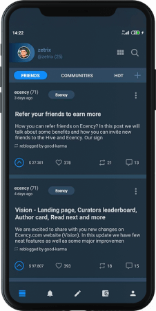 Ecency mobile app in dark theme